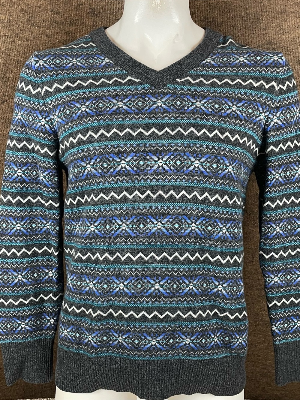 Nautica Sweater Men’s Large Fair Isle Blue Multicolor Aztec Knit V Neck 22